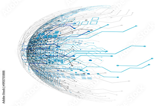 Abstract technology interface with circular patterns and connected circuit lines, representing innovation and connectivity