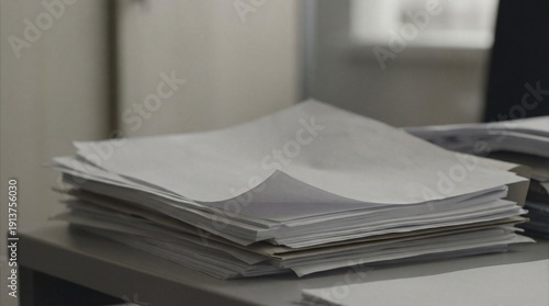Stack of white paper on an office desk. Unfinished paperwork for business or casual administrative document management concept.