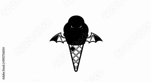 Black ice cream cone with bat wings and glowing eyes on a white background