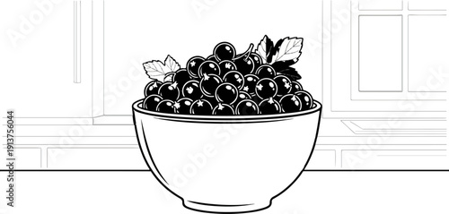 Black currants overflow a white bowl, placed on a shelf against a window frame