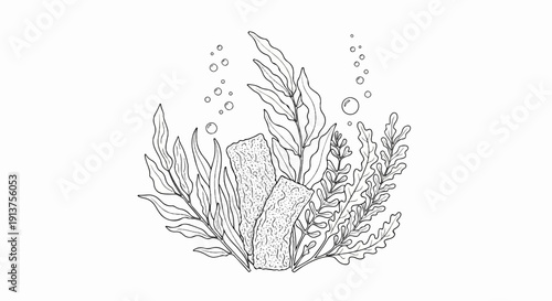 Black and white illustration of underwater plants with bubbles