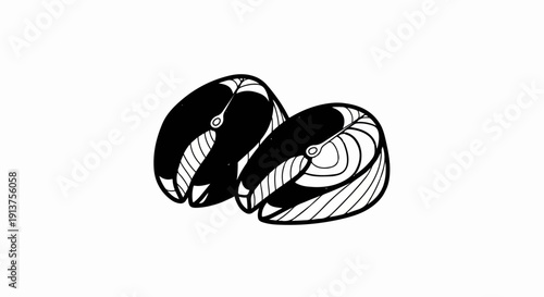 Black and white illustration of two raw fish steaks