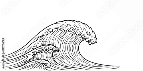 Black ink drawing of a large, cresting ocean wave with white background