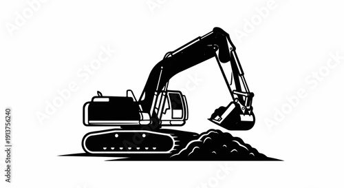 Black excavator digging pile of dirt