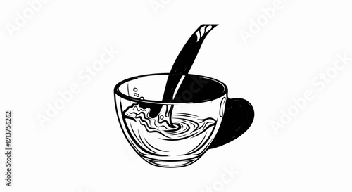 Black and white sketch of dark liquid being poured into a clear mug