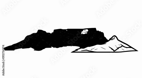 Black silhouette of a flat-topped mountain beside a conical peak