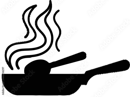 Black silhouette of a frying pan with two spoons and steam rising above