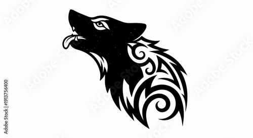 Black tribal wolf head howling with tongue out and stylized mane