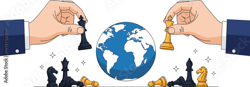 Global business strategy and geopolitics concept with hands moving chess pieces over earth globe for international competition, success, leadership, and management planning.