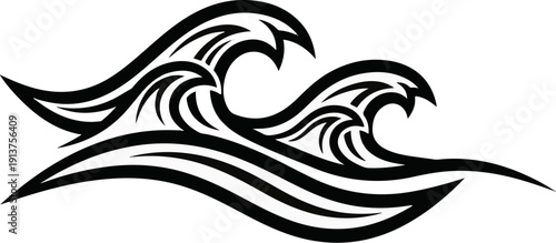 Black tribal-style waves against a white background