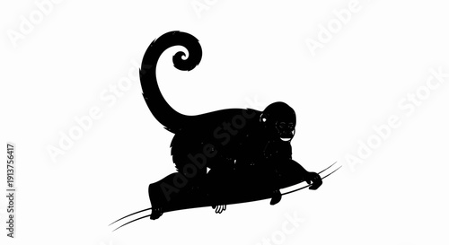 Black silhouette of a monkey with a curled tail on a branch