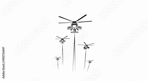 Black and white sketch of five helicopters in flight against a white background
