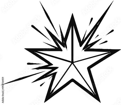 Black outlined starburst graphic with sharp, pointed rays extending outwards