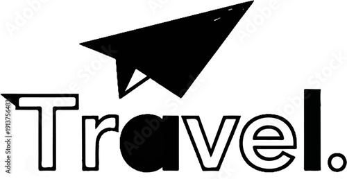 Black paper airplane flies above the word Travel with a dot