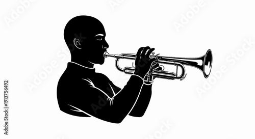 Black silhouette of a person playing a trumpet against a white background