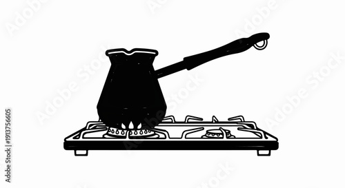 Black pot with handle heating on a gas stove with flames