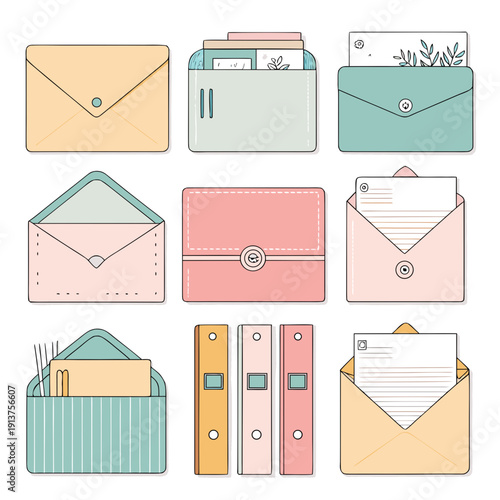 Collection of assorted envelopes and binders in various colors and designs, showcasing different styles and uses for office and personal correspondence