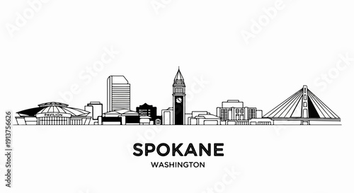 Black and white skyline illustration featuring a domed pavilion, tall buildings, clock tower, and a suspension bridge