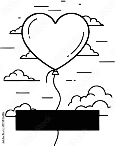 Black rectangular box floats beneath a heart balloon tethered by a string