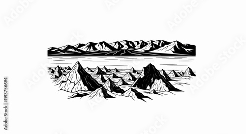 Black and white stylized mountainous landscape with lake and road