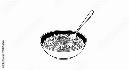 Bowl of risotto with mushrooms and herbs, a spoon rests inside