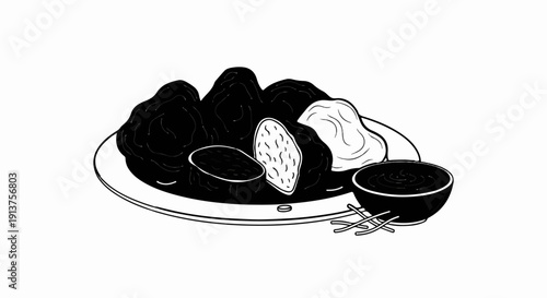 Black food items on a plate with dipping sauce and noodles