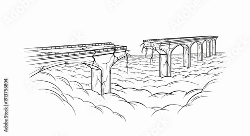 Broken ancient stone bridge arching over a sea of clouds, weathered and ruined