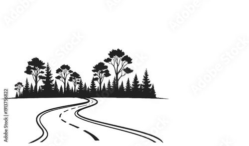 Black silhouette of a winding road leading into a dense forest