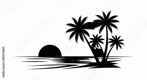 Black silhouette of a tropical sunset with palm trees and water reflections