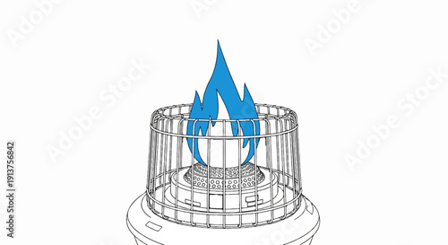 Blue flames ignite a wire-caged device with a textured base