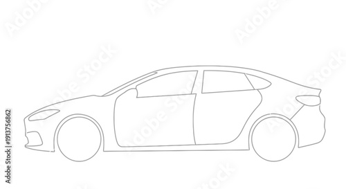Detailed line drawing of a modern sports sedan viewed from the side profile