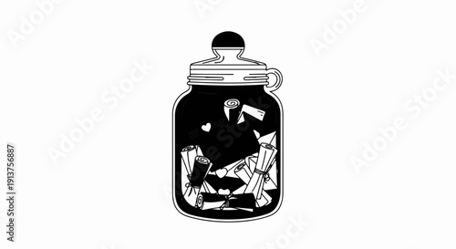 Black glass jar filled with rolled up messages and hearts