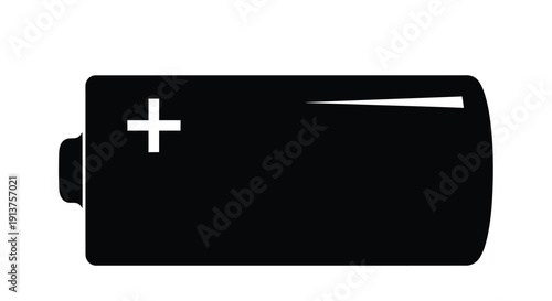 Simple black and white illustration of a battery with a plus symbol
