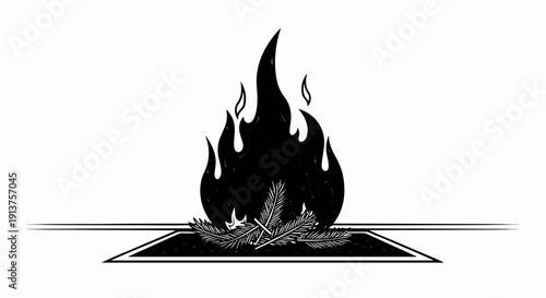 Black silhouette of a bonfire with pine needles in a fire pit
