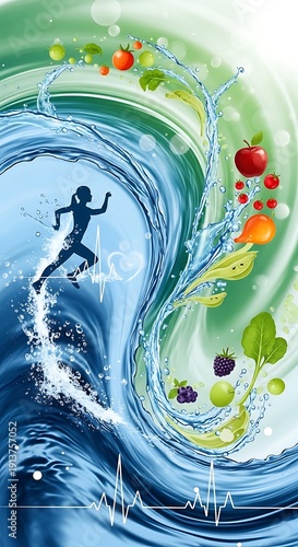 Healthy lifestyle concept blending fitness, nourishment, and hydration imagery