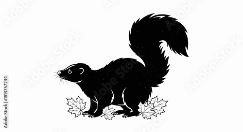 Black skunk silhouette with large fluffy tail and maple leaves