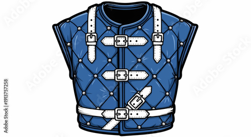 Blue quilted vest with white buckles and straps