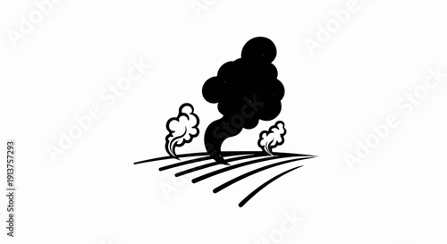 Black smoke plumes rise from a field under a stark white background
