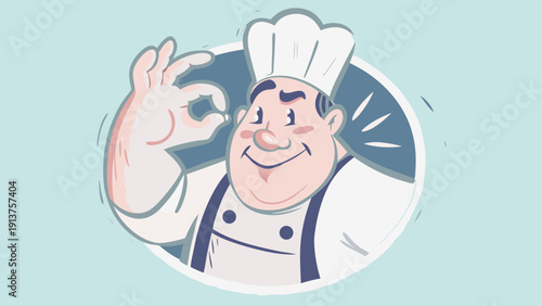 Smiling cartoon chef giving ok sign in white hat and apron on light blue background