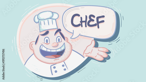 Smiling cartoon chef presenting himself with speech bubble on light blue background