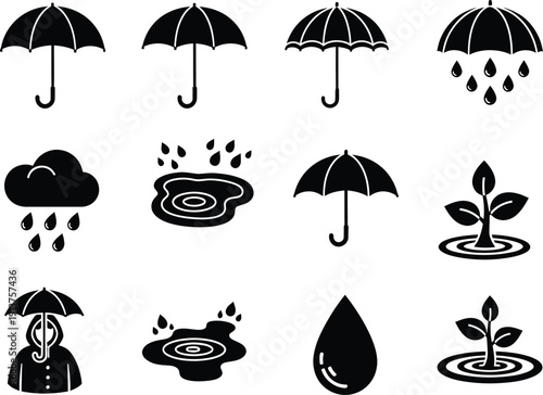 Rainy day weather icons set black umbrella raindrops puddle plant vector illustration