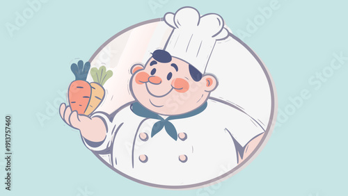 Smiling cartoon chef holding a carrot in a white chef's hat and coat on a light blue background