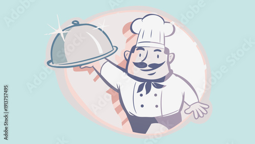 Cartoon chef presenting a dish with a silver cloche on a plate smiling and wearing a white uniform and hat on a light blue background
