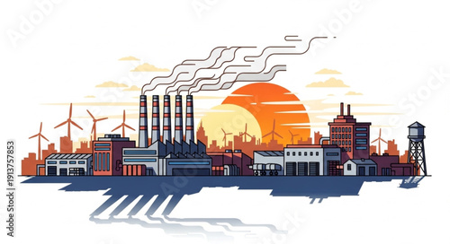 Industrial cityscape with wind turbines and smokestacks at sunset.