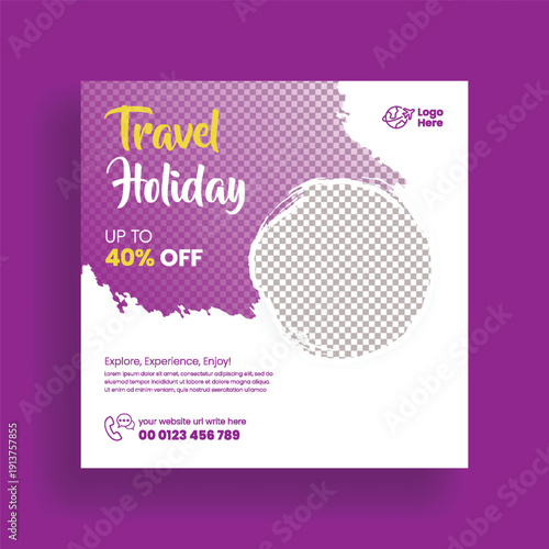 Trendy travel agency square flier poster vector template for tourism promotion, summer holiday tour package, flight booking ads promo, beach holiday discount deal campaign