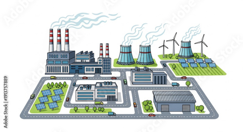 Industrial complex with different energy sources illustration.