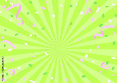 鮮やかな黄緑色の集中線に紙吹雪が舞う、ポップな背景素材