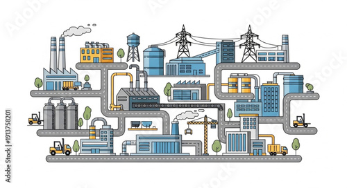 Industrial complex with interconnected buildings and pipelines.