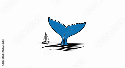 Blue whale tail emerges from water near a sailboat