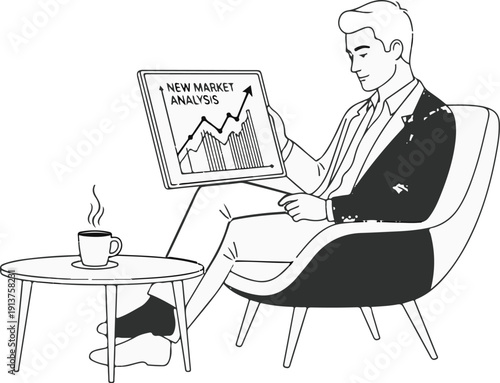 Businessman reviews market graph on tablet with coffee on side table